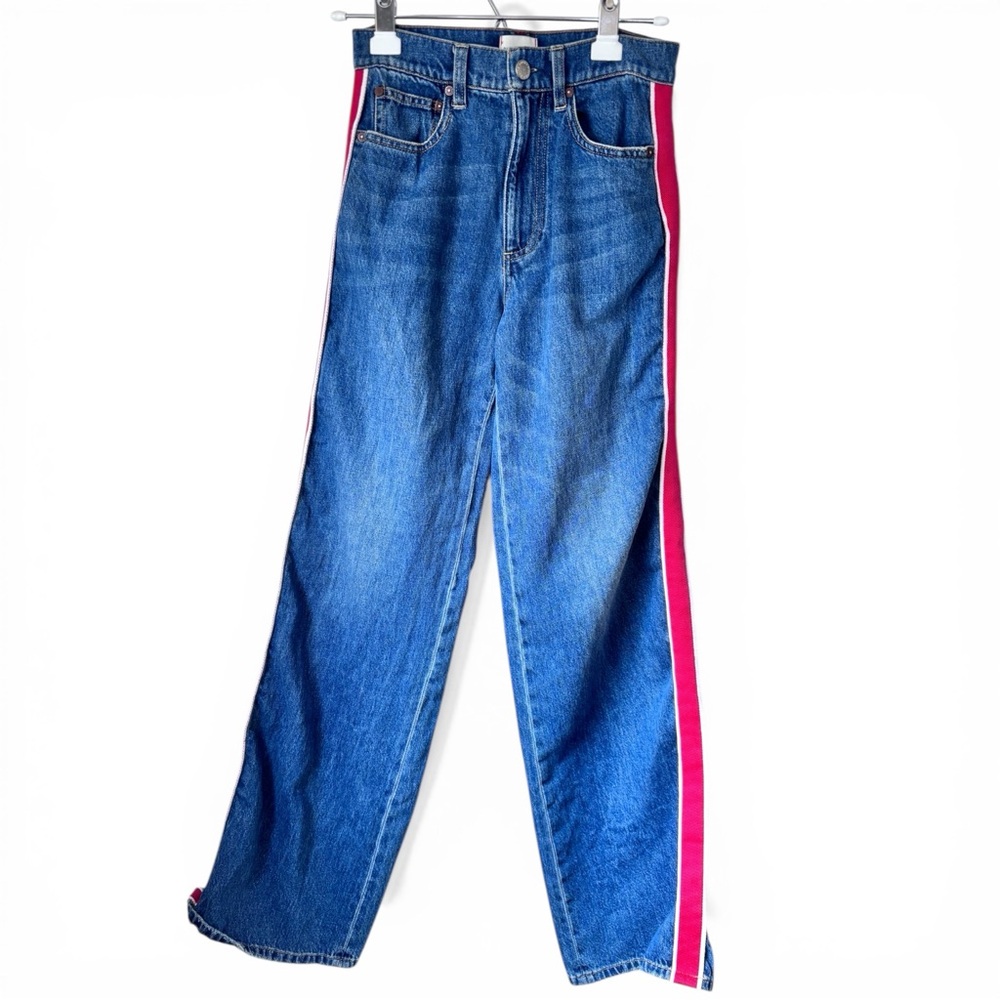 Alice + Olivia Blue Denim Wide Leg Jeans with Red Side Stripe